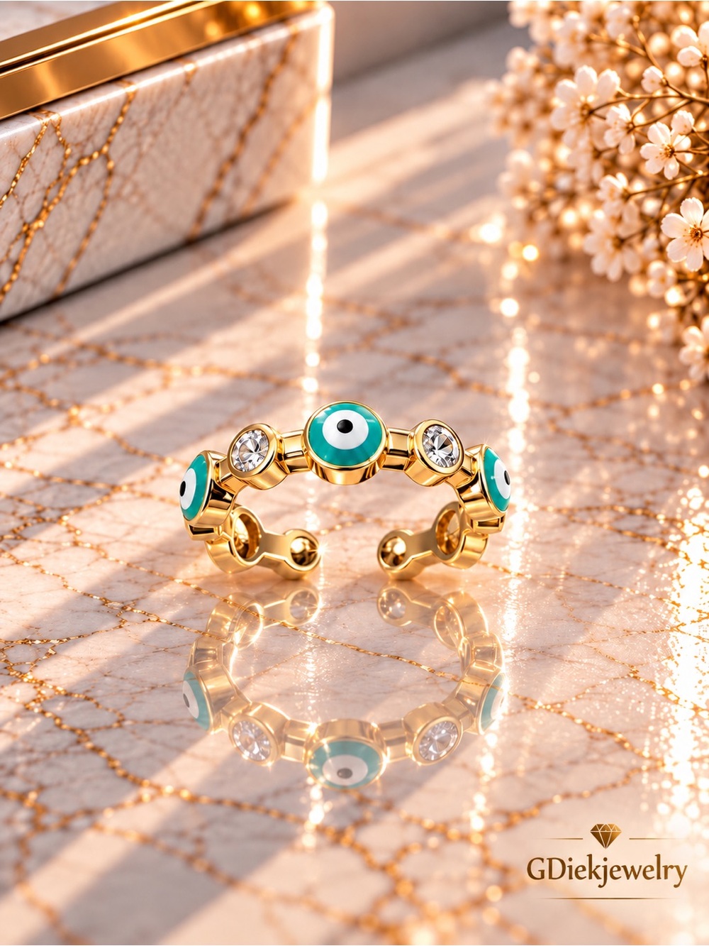 Gold Filled Adjustable  Evil Eye Ring with Turquoise Accents